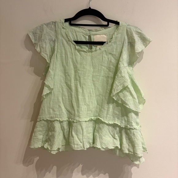 Maeve Anthropologie Green Cascade Ruffle Gauze Cotton Top Size Medium - Picture 3 of 10